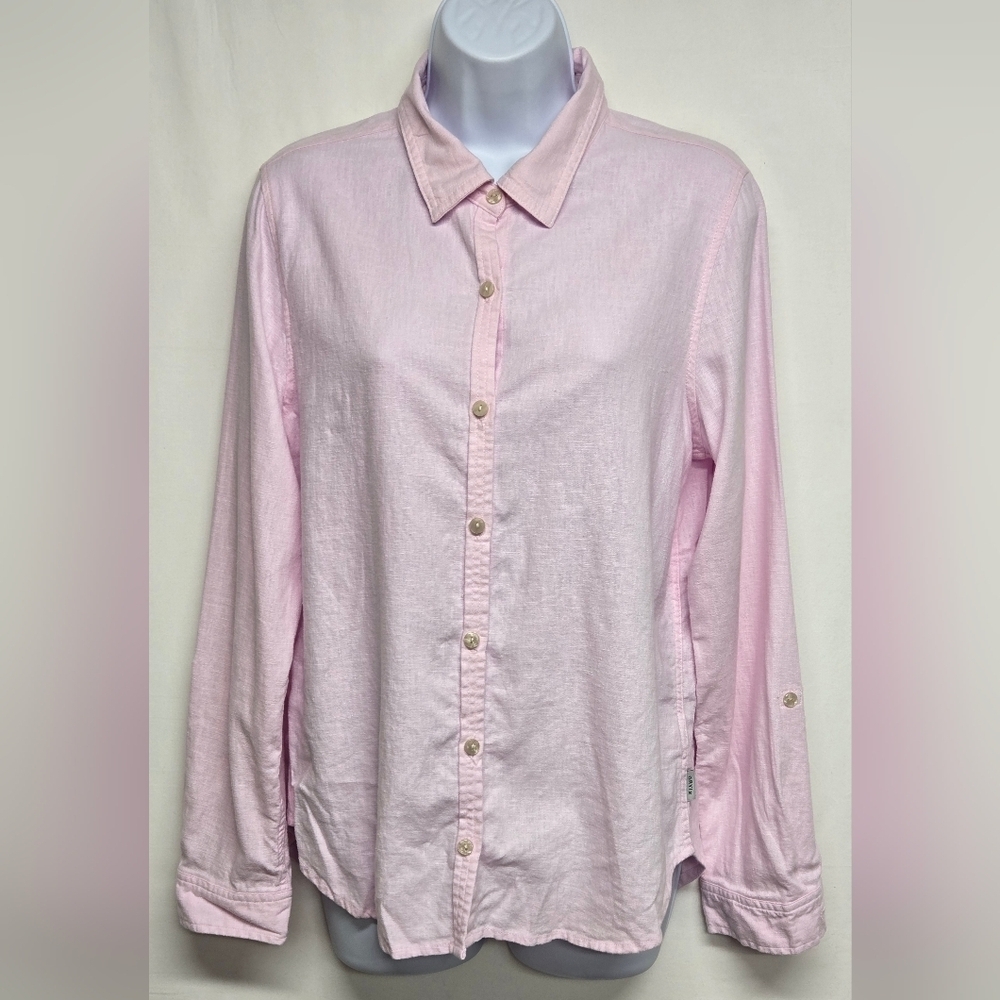 Orvis M Pretty Pink Long Sleeve Button Down Top Shirt Linen Rayon Blend Collared
